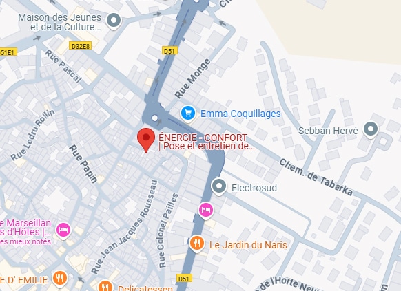 Plan de quartier avec repère rouge ÉNERGIE-CONFORT (pose et entretien), entouré des rues Jean Jacques Rousseau, Papin, Monge et D51.