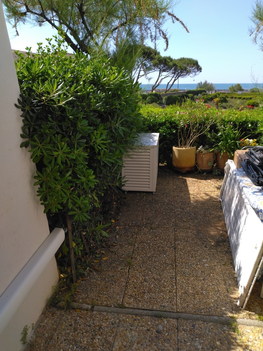 Allée de jardin en dalles de galets avec buissons verts, meuble extérieur et plantes en pots. Vue sur haie, arbres et mer bleue.